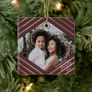Adorno De Cerámica Gold Diamond Stripes Burgundy 2 Photo Christmas