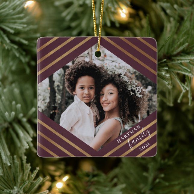 Adorno De Cerámica Gold Diamond Stripes Burgundy 2 Photo Christmas (Árbol)