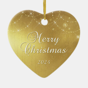 Adorno De Cerámica Gold Glam Merry Christmas Couple Photo
