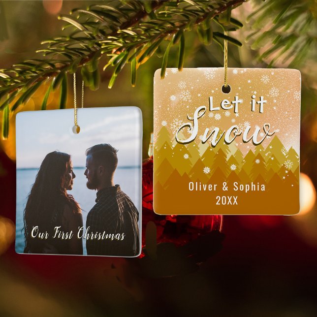 Adorno De Cerámica Gold Let the Snow First Christmas Photo (Subido por el creador)