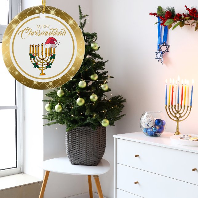 Adorno De Cerámica Gold Menorah Santa Hanukkah Merry Chrismukkah (Subido por el creador)