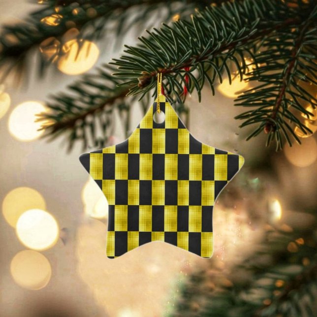 Adorno De Cerámica Gold-Paneled-Black-IV (Check out this Gold-Paneled Black-IV Ceramic Ornament with its checkerboard design!)
