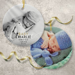 Adorno De Cerámica Gold Photo Script Baby Birth Stats Announcement<br><div class="desc">Modern gold photo baby birth announcement ornament to introduce your beautiful newborn baby. The front features a photo of your baby along with chic gold and black text for your baby's name and birth stats with a second photo on the reverse. A lovely keepsake to celebrate your new arrival! Designed...</div>
