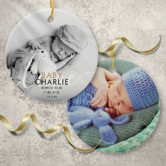 Adorno De Cerámica Gold Photo Script Baby Birth Stats Announcement (2 Photo Script Baby Birth Stats Announcement Ceramic Ornament)