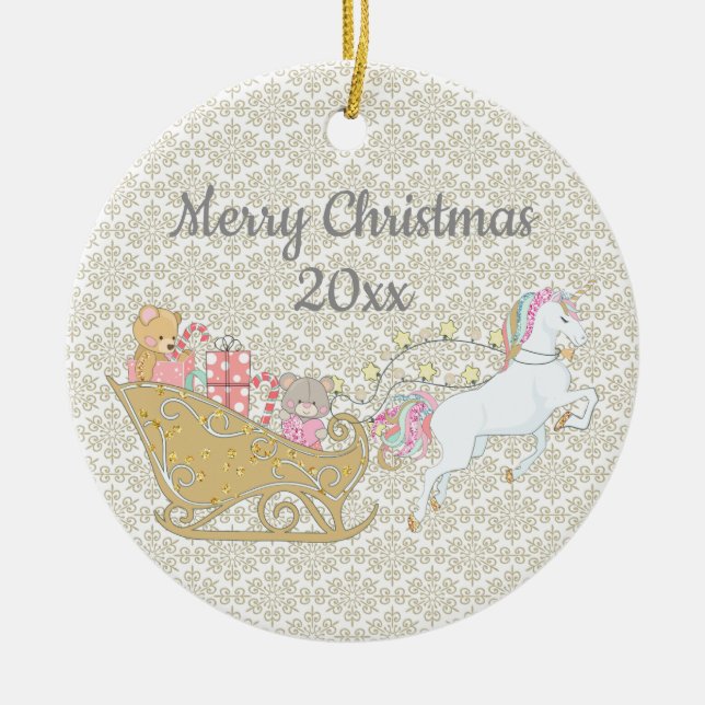 Adorno De Cerámica Gold Snowflakes Christmas Unicorn Santa's Sleigh (Frente)
