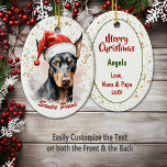 Adorno De Cerámica Gold Splatter Santa Paws Doberman Pinscher<br><div class="desc">Un hermoso retrato acuático de un perro Doberman Pinscher con un gorra de Santa Claus rojo y blanco es la característica principal de este adorno de vacaciones. La imagen se coloca sobre un fondo blanco con una bandeja de confeti dorado. En la parte inferior está el texto rojo que actualmente...</div>