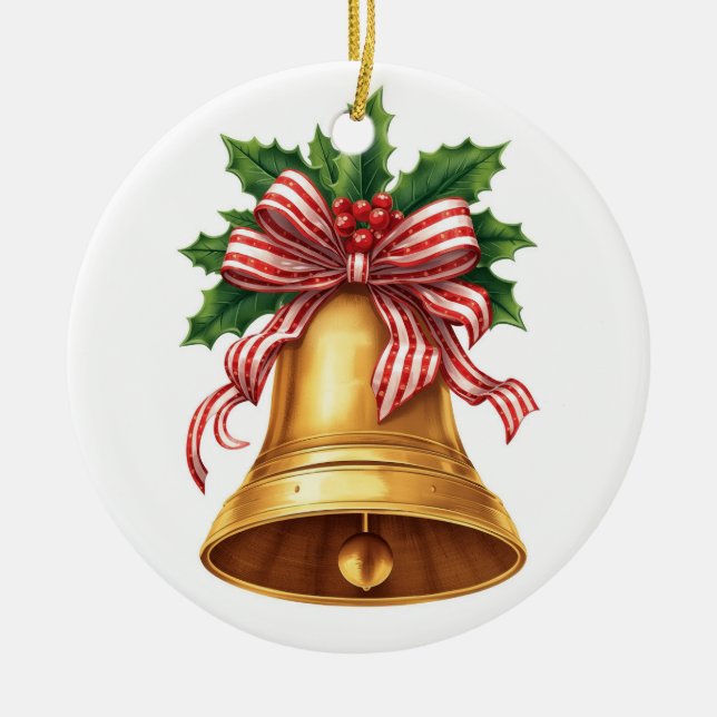 Adorno De Cerámica Golden Christmas Bell Holly and Stripe Bow (Frente)