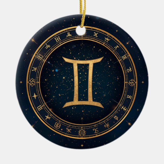 Adorno De Cerámica Golden Gemini Zodiac Circle With Starry Night (Frente)