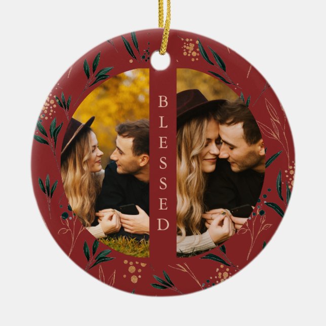 Adorno De Cerámica Golden Greenery Blessed Typography Two Photo Red (Frente)