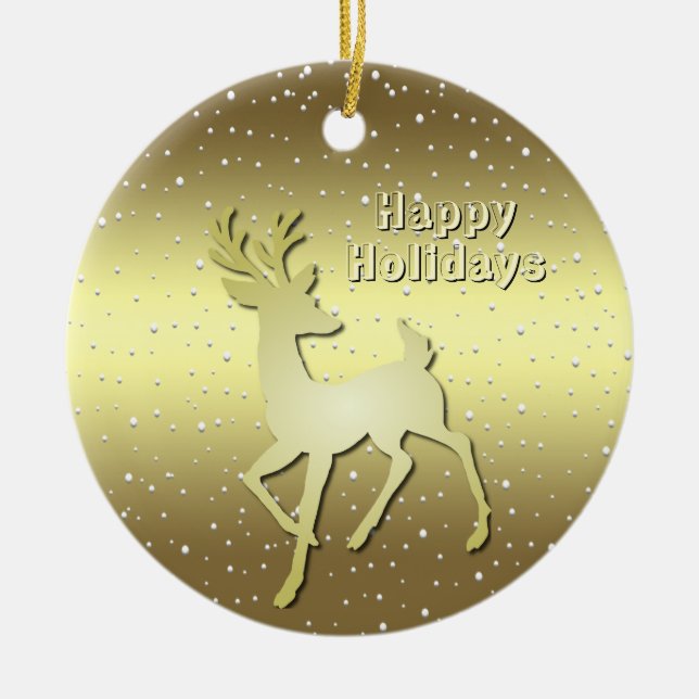 Adorno De Cerámica Golden Reindeer Snowy Holiday Ornament (Frente)