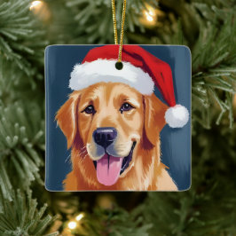 Adorno De Cerámica Golden Retriever Alegre | Perro con Gorro de Santa
