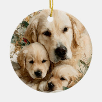 Adorno De Cerámica Golden Retriever and Puppies Vintage Christmas