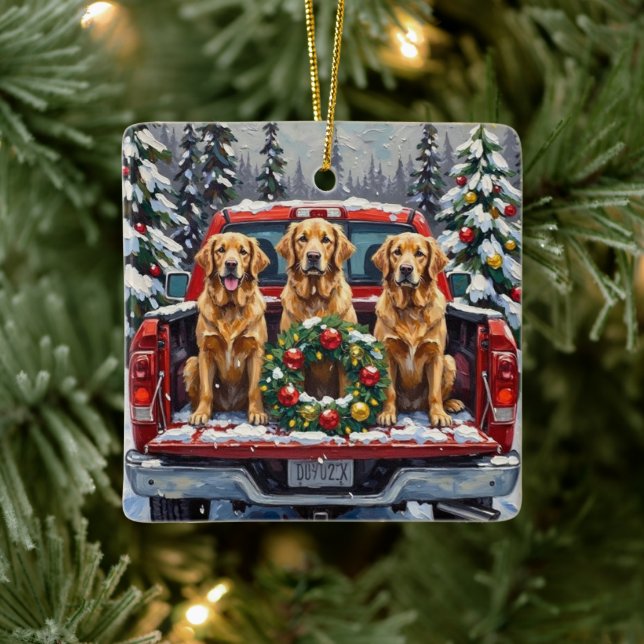 Adorno De Cerámica Golden Retriever Christmas Red Truck Holiday (Árbol)