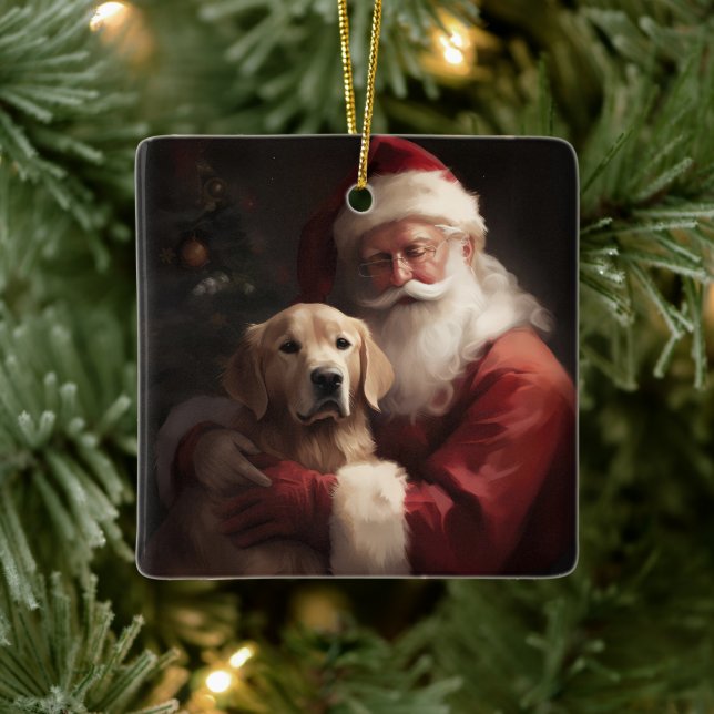 Adorno De Cerámica Golden Retriever Con Navidades De Santa Clause (Árbol)