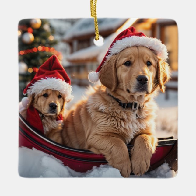 Adorno De Cerámica Golden Retriever Cuppies Navidades (Anverso)