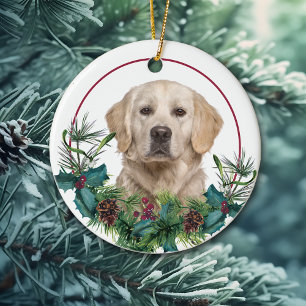Adorno De Cerámica Golden Retriever Dog Evergreen Berry Wreath