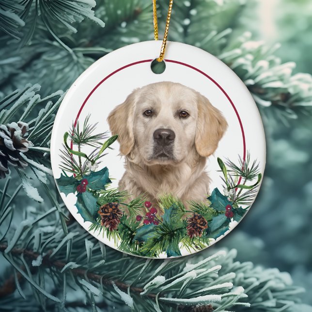 Adorno De Cerámica Golden Retriever Dog Evergreen Berry Wreath (Subido por el creador)