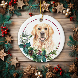 Adorno De Cerámica Golden Retriever Evergreen Berry Wreath