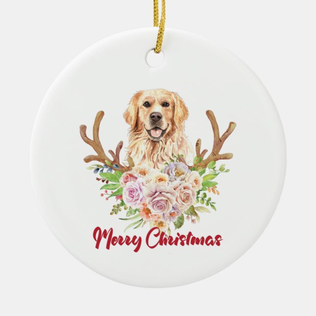 Adorno De Cerámica Golden Retriever Floral Merry Christmas (Frente)