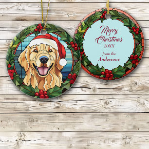 Adorno De Cerámica Golden Retriever Holly Berry Wreath