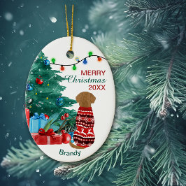 Adorno De Cerámica Golden Retriever in Winter Sweater Holiday Tree