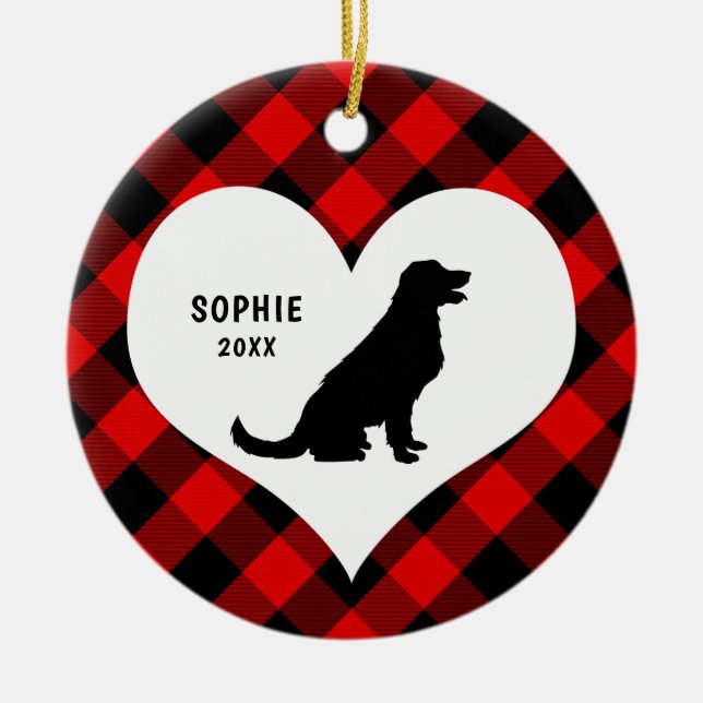 Adorno De Cerámica Golden Retriever name + date Red Plaid (Frente)