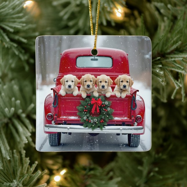 Adorno De Cerámica Golden Retriever Puppies In Christmas Truck (Árbol)