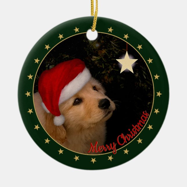Adorno De Cerámica Golden Retriever Puppy con Santa Hat (Frente)