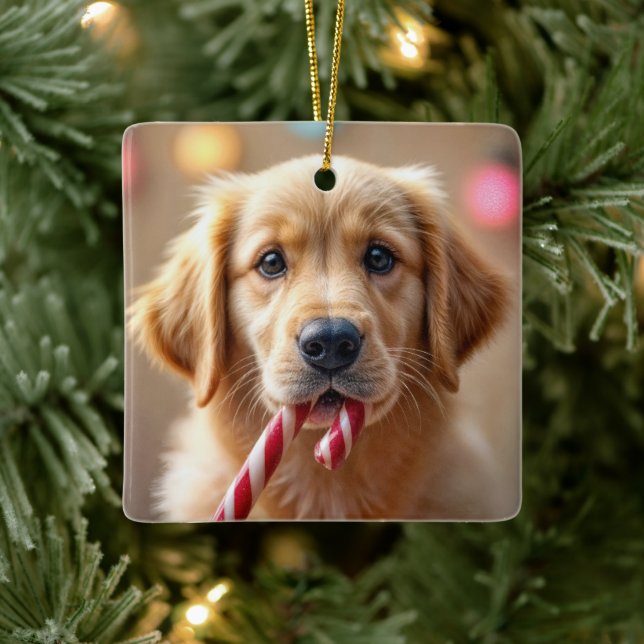 Adorno De Cerámica Golden Retriever Puppy With a Candy Cane (Árbol)