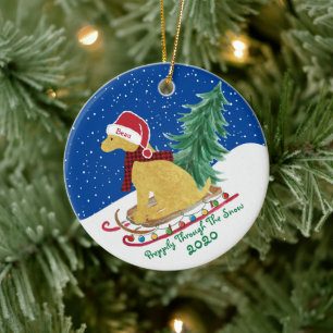Adorno De Cerámica Golden Retriever Riding Xmas Tree Sled