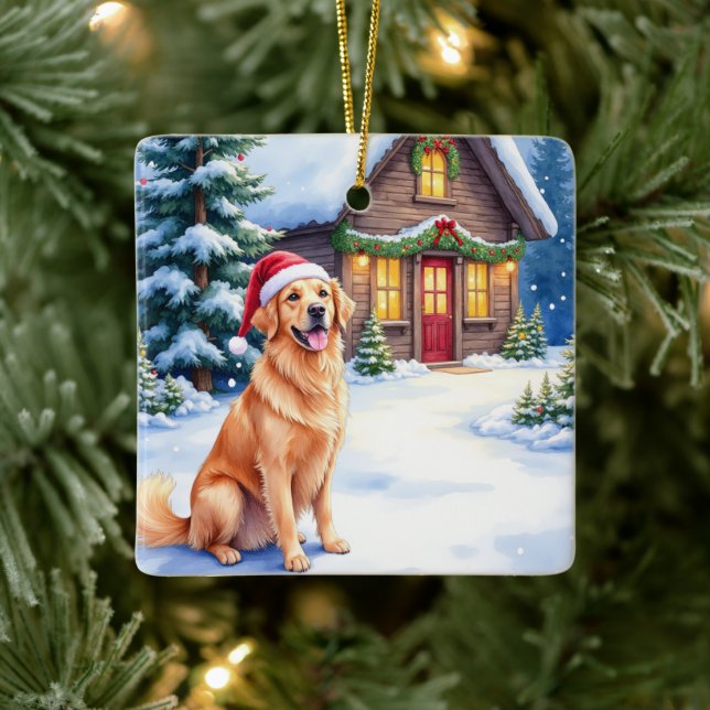 Adorno De Cerámica Golden Retriever Rustic Cabin Santa Hat Christmas (Árbol)