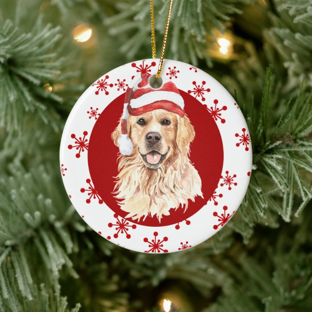 Adorno De Cerámica Golden Retriever Santa Hat Red Snowflake (Árbol)