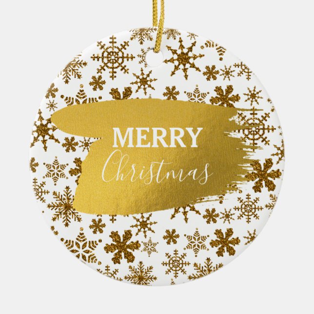 Adorno De Cerámica Golden Sparkling Snowflakes Feliz Navidad (Frente)