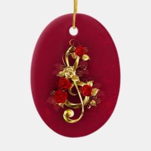 Adorno De Cerámica Golden Treble Clef con flores Rosas