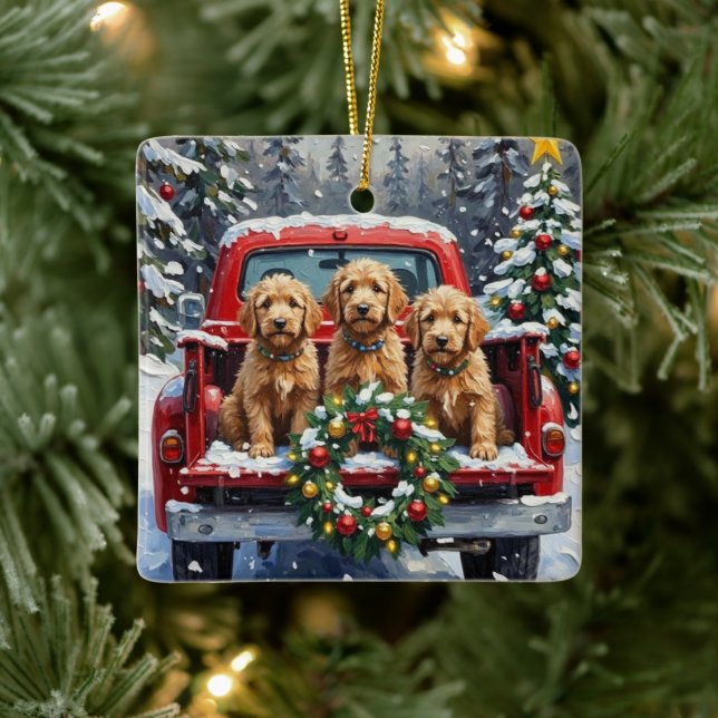 Adorno De Cerámica Goldendoodle Christmas Red Truck Holiday (Árbol)