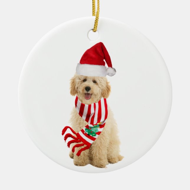 Adorno De Cerámica Goldendoodle Con Navidades Gorras Scaft (Frente)