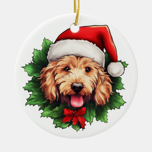 Adorno De Cerámica Goldendoodle Navidades Wreath (Frente)
