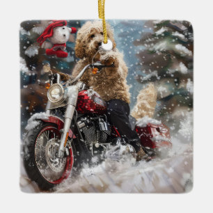 Adorno De Cerámica Goldendoodle Perro Montando Motocicleta Navidad 