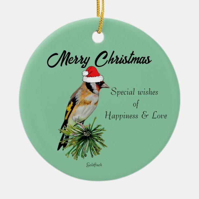 Adorno De Cerámica Goldfinch con un Sombrero Santa (Frente)