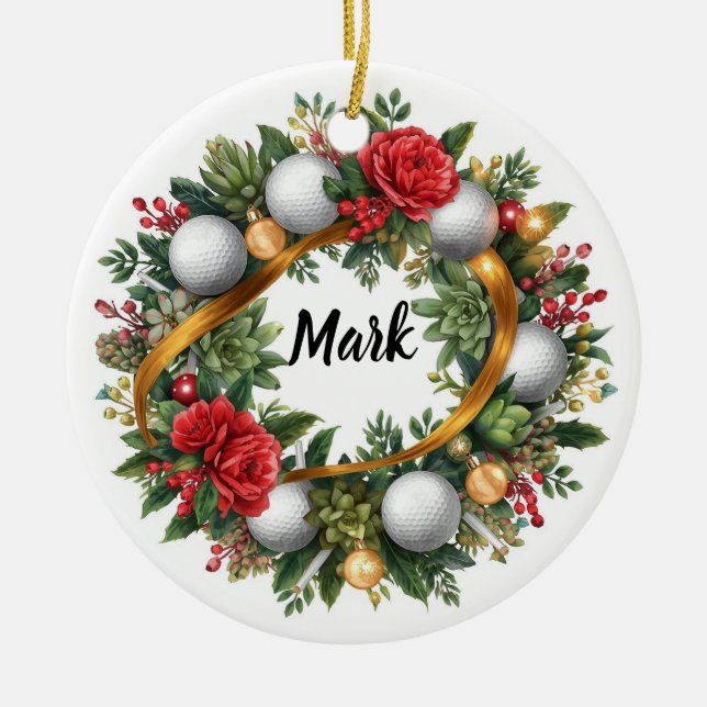 Adorno De Cerámica Golf Christmas Wreath with Golfer Name (Frente)