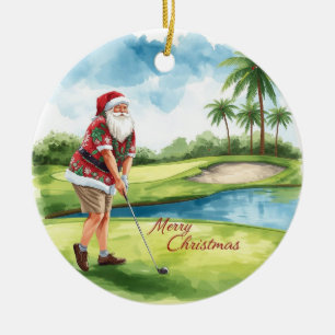 Adorno De Cerámica Golf Feliz Navidad con Santa Claus