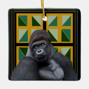 Adorno De Cerámica Gorila de silverback amarillo y verde geométrico