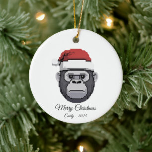 Adorno De Cerámica Gorila Mono Pixel Art Sombrero de Santa Navidad Re