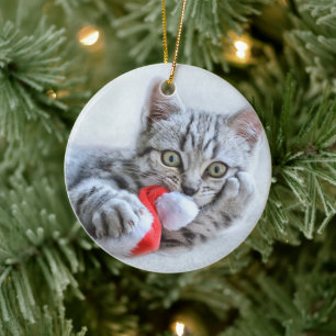 Adorno De Cerámica Gorra Cute Cat y Santa Claus