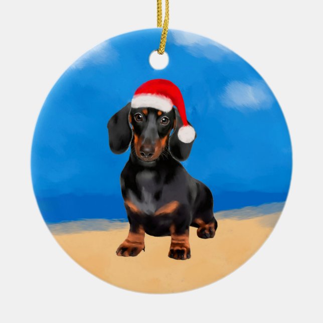 Adorno De Cerámica Gorra De Dachshund Dog On Beach Navidades (Frente)