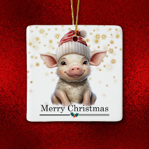 Adorno De Cerámica Gorrito de Santa Cerdito Feliz Navidad