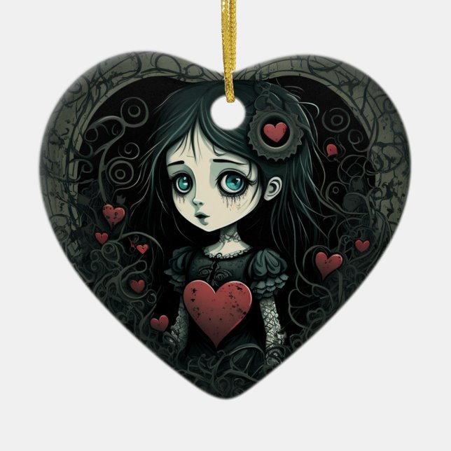 Adorno De Cerámica Gótico Chica Holiday Ornament Heart Illustrated (Frente)