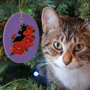 Adorno De Cerámica Gótico Gato Negro Rosas Rojas Púrpura
