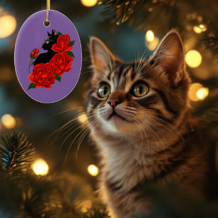 Adorno De Cerámica Gótico Gato Negro Rosas Rojas Púrpura