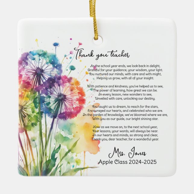 Adorno De Cerámica gracias profesora jubilada poema de dandelion (Anverso)